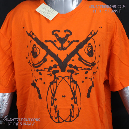 Rorschach, Orange cotton T-Shirt with Black ink blot - Large #1 (RO B L1) - ElRat Designs - elratdesigns.co.uk