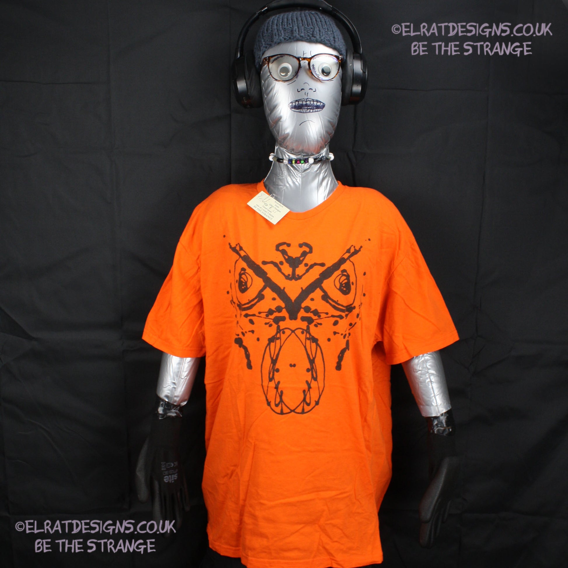 Rorschach, Orange cotton T-Shirt with Black ink blot - Large #1 (RO B L1) - ElRat Designs - elratdesigns.co.uk