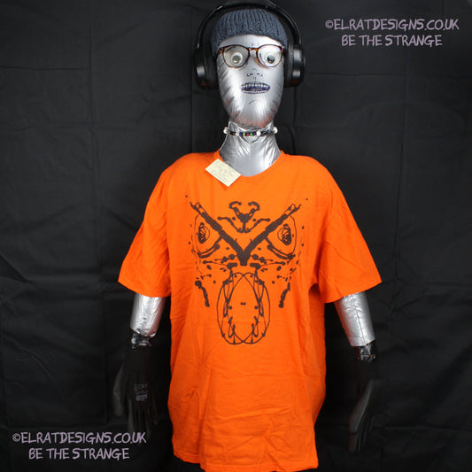 Rorschach, Orange cotton T-Shirt with Black ink blot - Large #1 (RO B L1) - ElRat Designs - elratdesigns.co.uk
