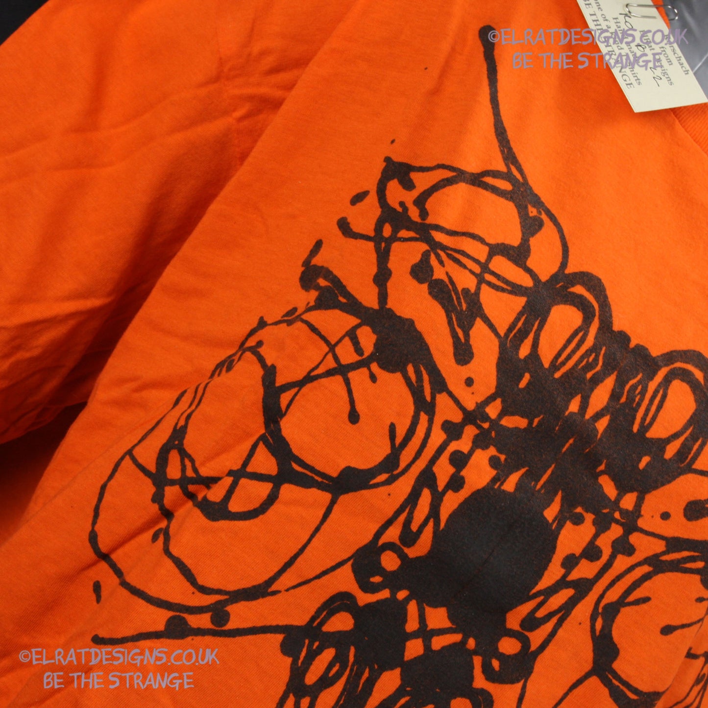 Rorschach, Orange cotton T-Shirt with Black ink blot - Large #2 (RO B L2) - ElRat Designs - elratdesigns.co.uk