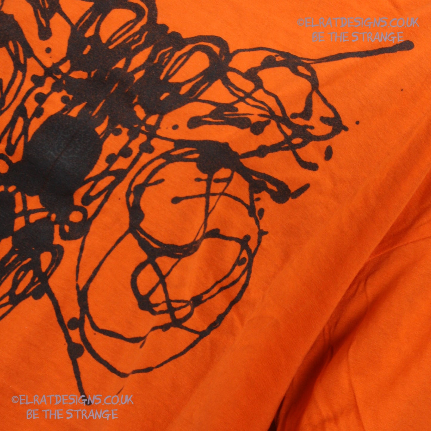 Rorschach, Orange cotton T-Shirt with Black ink blot - Large #2 (RO B L2) - ElRat Designs - elratdesigns.co.uk