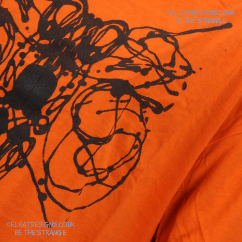 Rorschach, Orange cotton T-Shirt with Black ink blot - Large #2 (RO B L2) - ElRat Designs - elratdesigns.co.uk