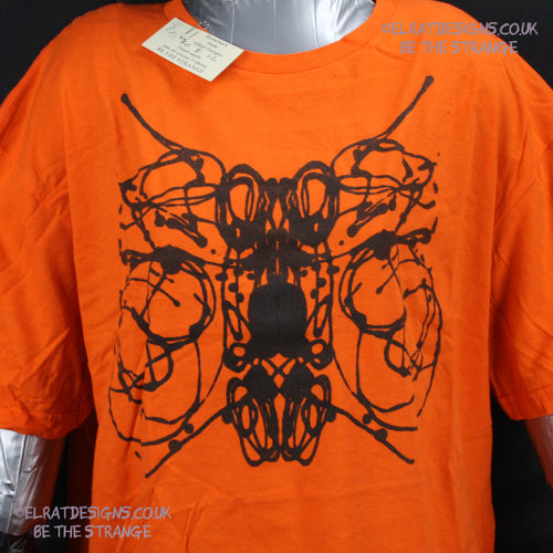 Rorschach, Orange cotton T-Shirt with Black ink blot - Large #2 (RO B L2) - ElRat Designs - elratdesigns.co.uk