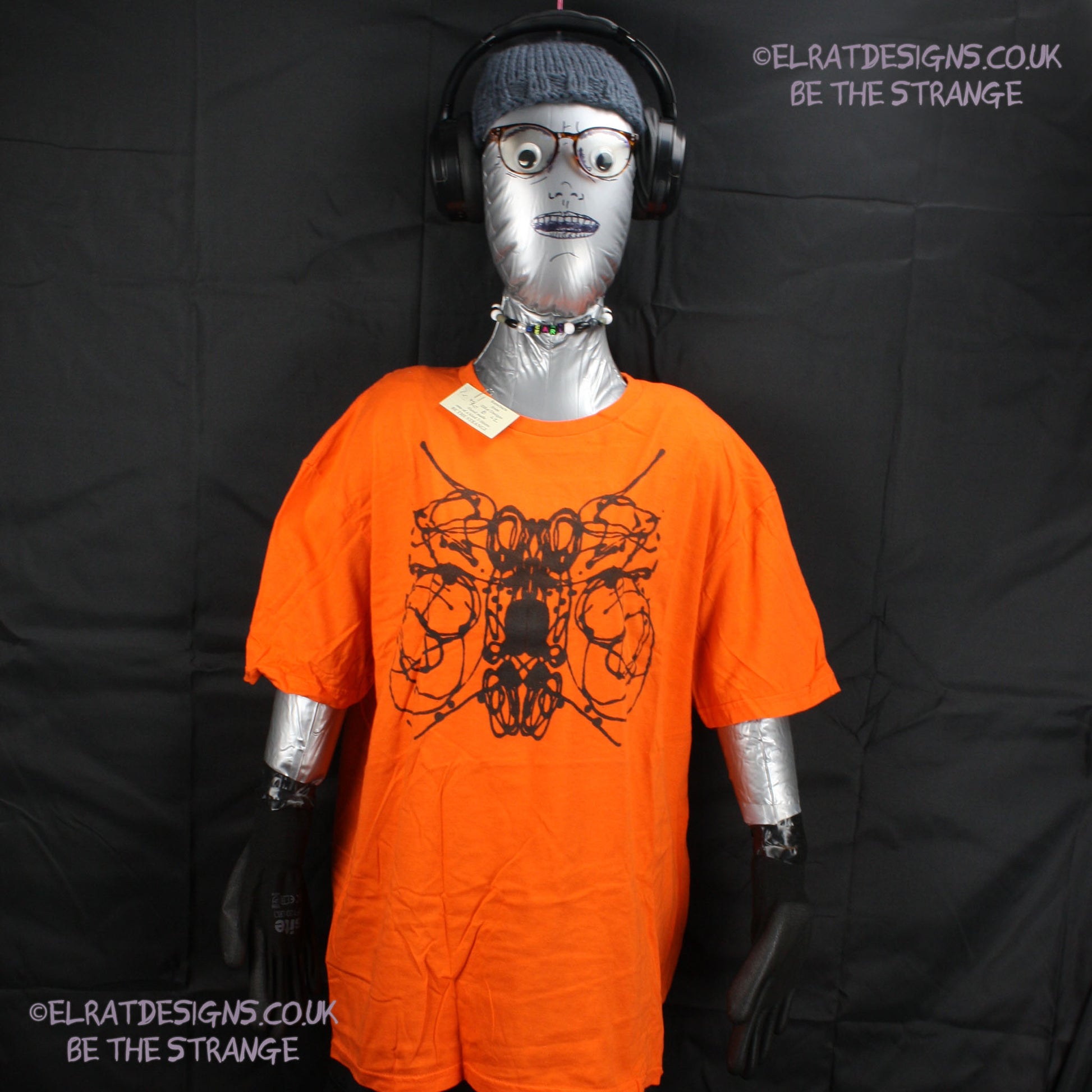 Rorschach, Orange cotton T-Shirt with Black ink blot - Large #2 (RO B L2) - ElRat Designs - elratdesigns.co.uk