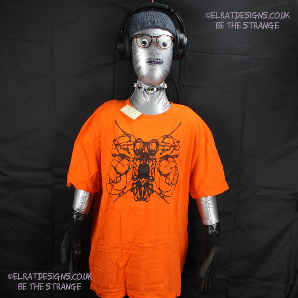Rorschach, Orange cotton T-Shirt with Black ink blot - Large #2 (RO B L2) - ElRat Designs - elratdesigns.co.uk