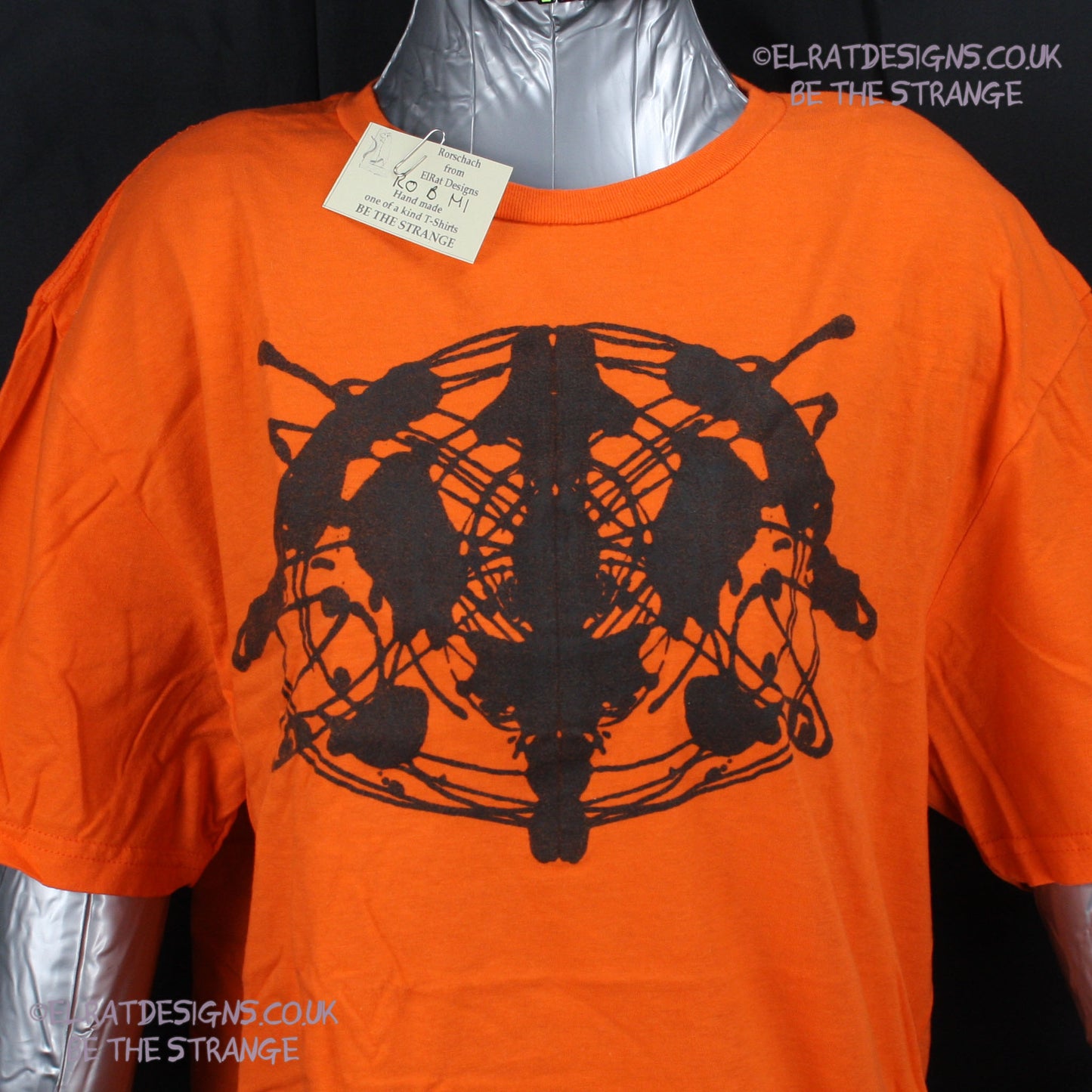 Rorschach, Orange cotton T-Shirt with Black ink blot - Medium #1 (RO B M1) - ElRat Designs - elratdesigns.co.uk