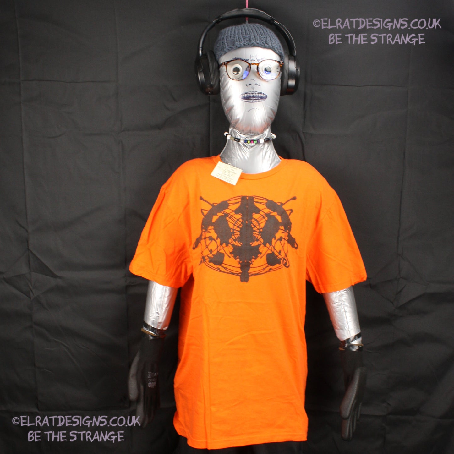 Rorschach, Orange cotton T-Shirt with Black ink blot - Medium #1 (RO B M1) - ElRat Designs - elratdesigns.co.uk