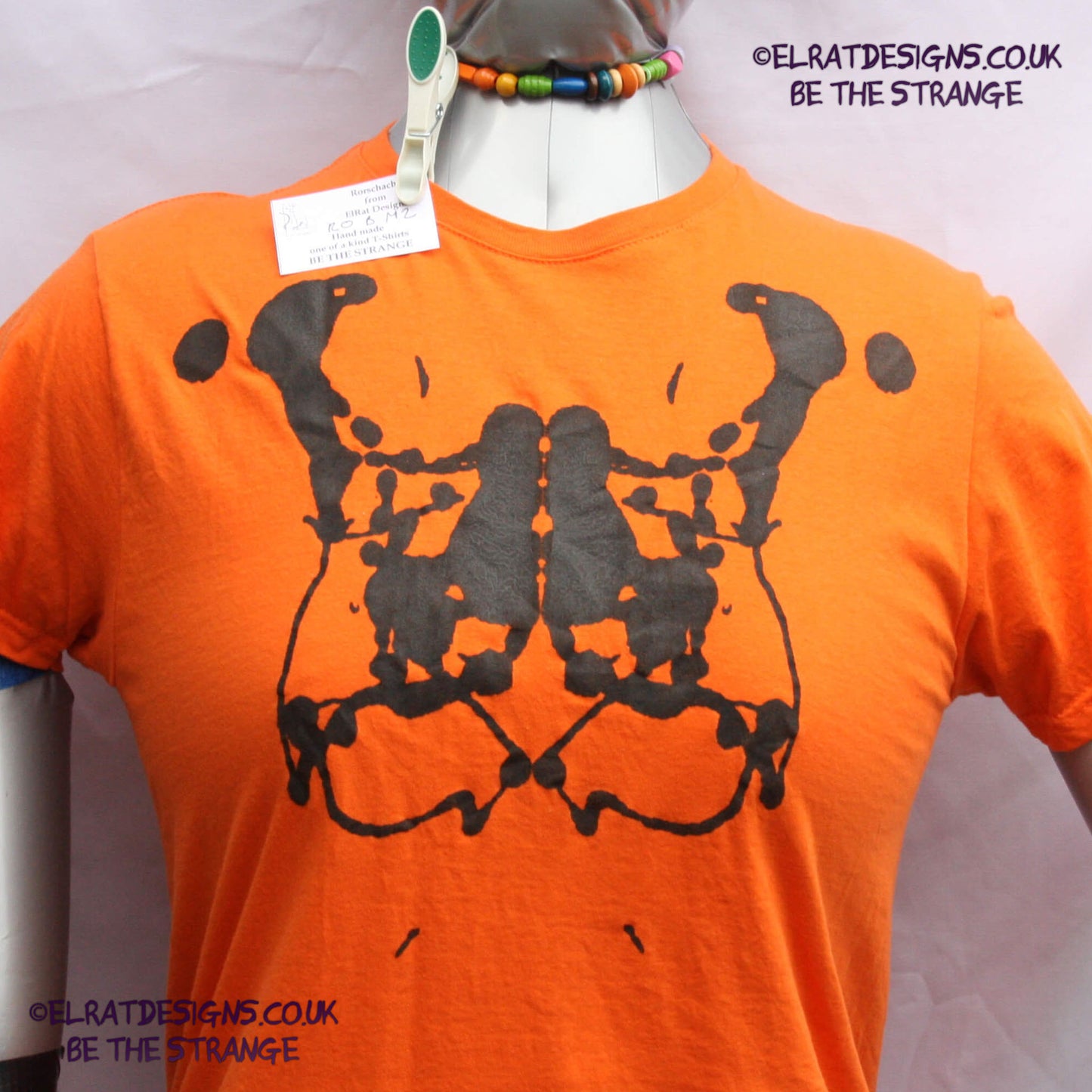 Rorschach, Orange cotton T-Shirt with Black ink blot - M #2 (RO B M2) - ElRat Designs - elratdesigns.co.uk