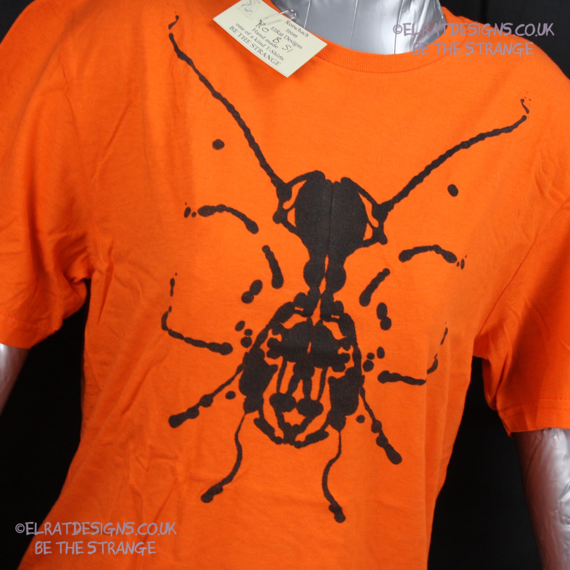 Rorschach, Orange cotton T-Shirt with Black ink blot - Small #1 (RO B S1) - ElRat Designs - elratdesigns.co.uk