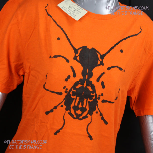 Rorschach, Orange cotton T-Shirt with Black ink blot - Small #1 (RO B S1) - ElRat Designs - elratdesigns.co.uk