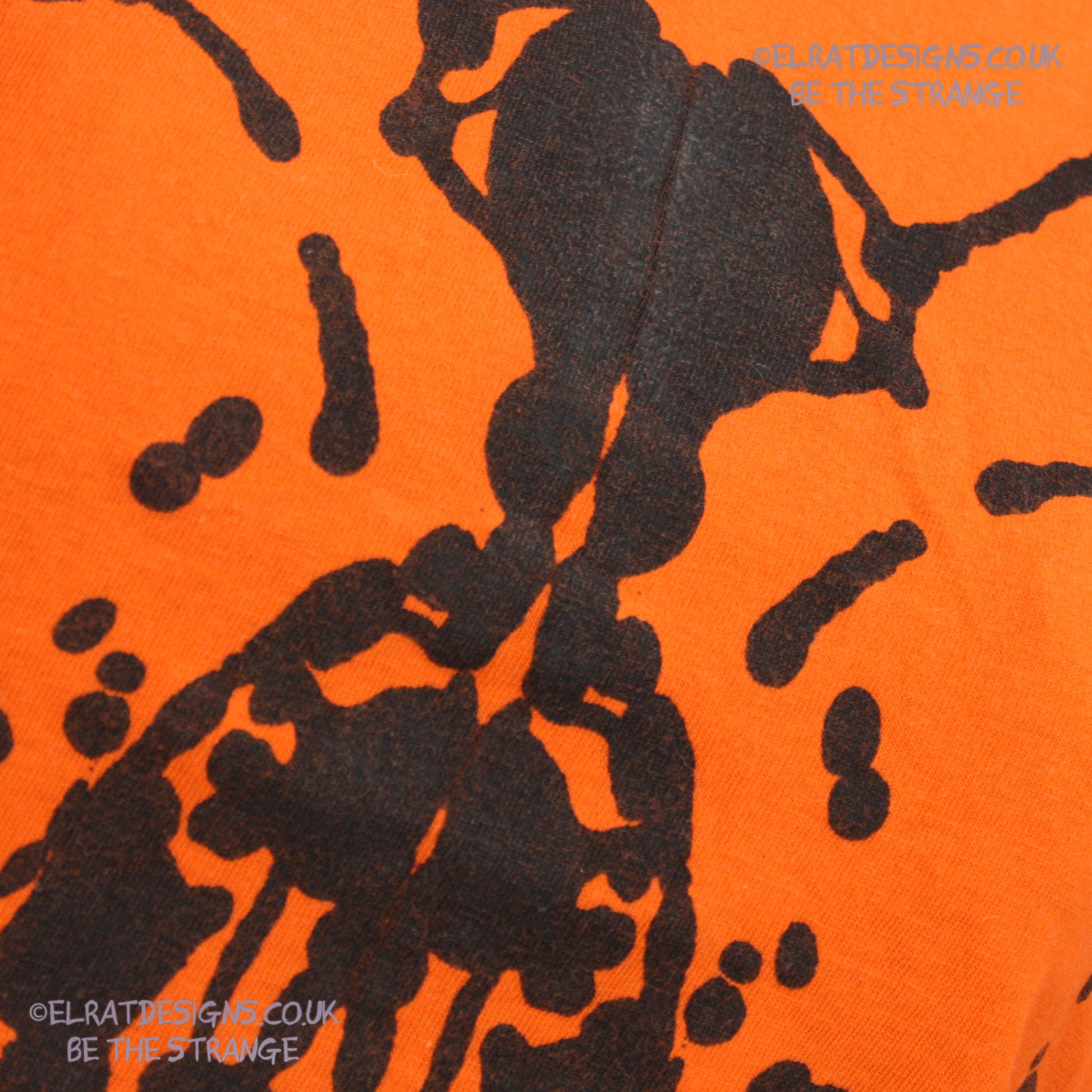 Rorschach, Orange cotton T-Shirt with Black ink blot - Small #1 (RO B S1) - ElRat Designs - elratdesigns.co.uk