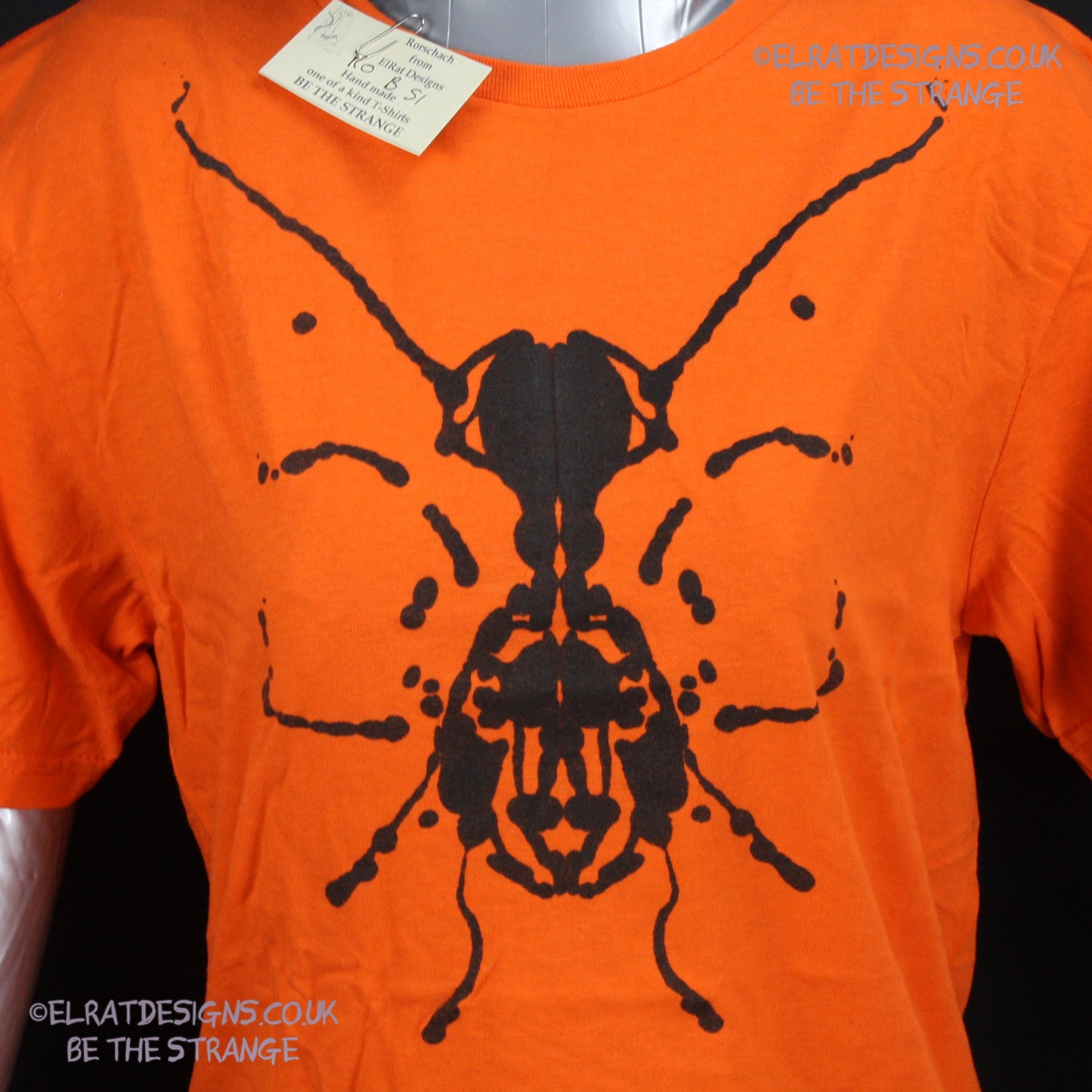 Rorschach, Orange cotton T-Shirt with Black ink blot - Small #1 (RO B S1) - ElRat Designs - elratdesigns.co.uk