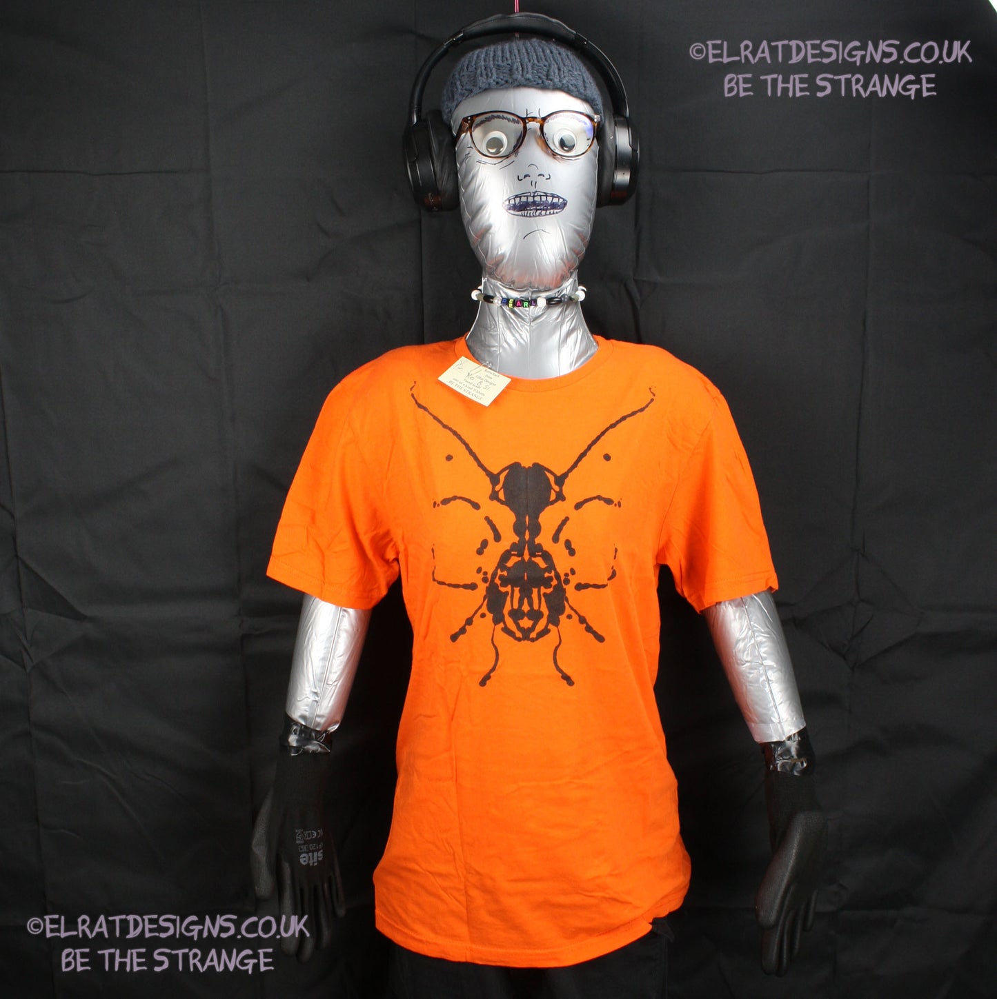 Rorschach, Orange cotton T-Shirt with Black ink blot - Small #1 (RO B S1) - ElRat Designs - elratdesigns.co.uk
