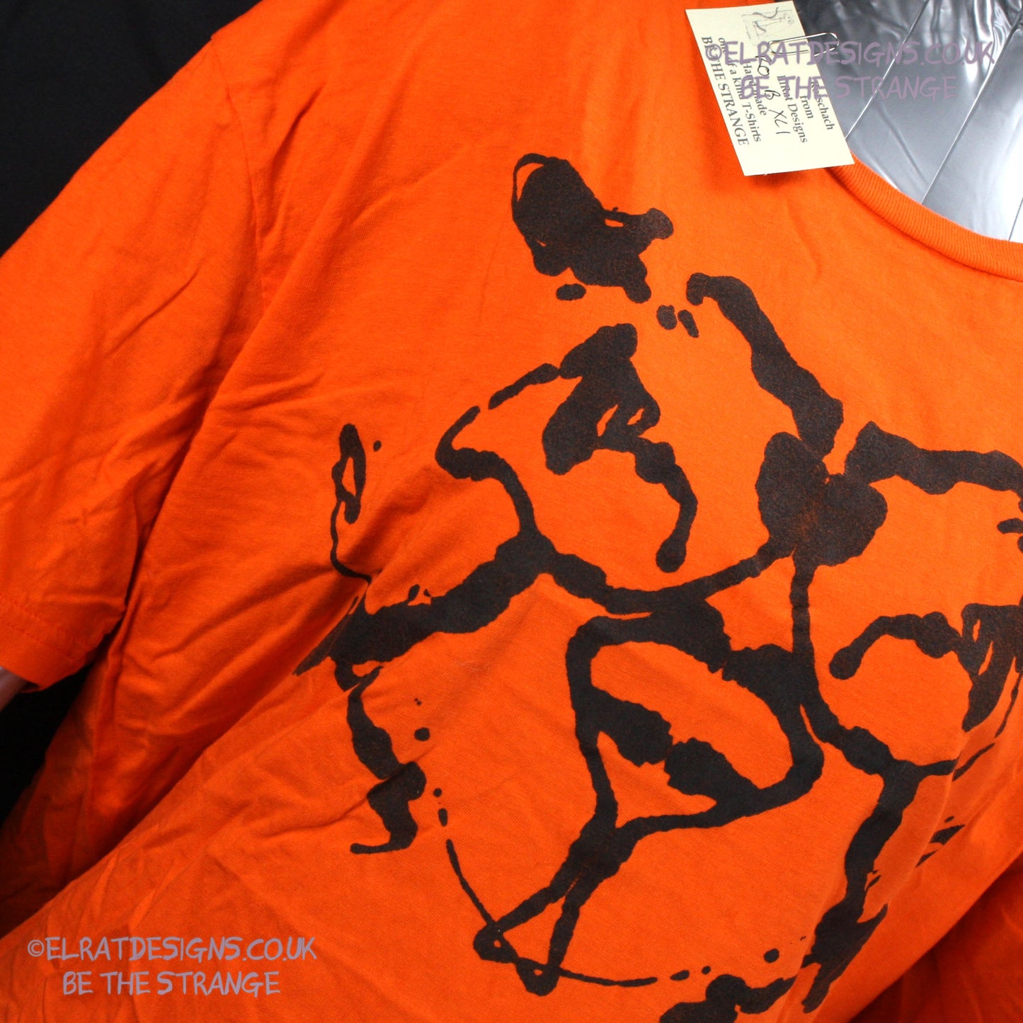Rorschach, Orange cotton T-Shirt with Black ink blot - XLarge #1 (RO B XL1) - ElRat Designs - elratdesigns.co.uk