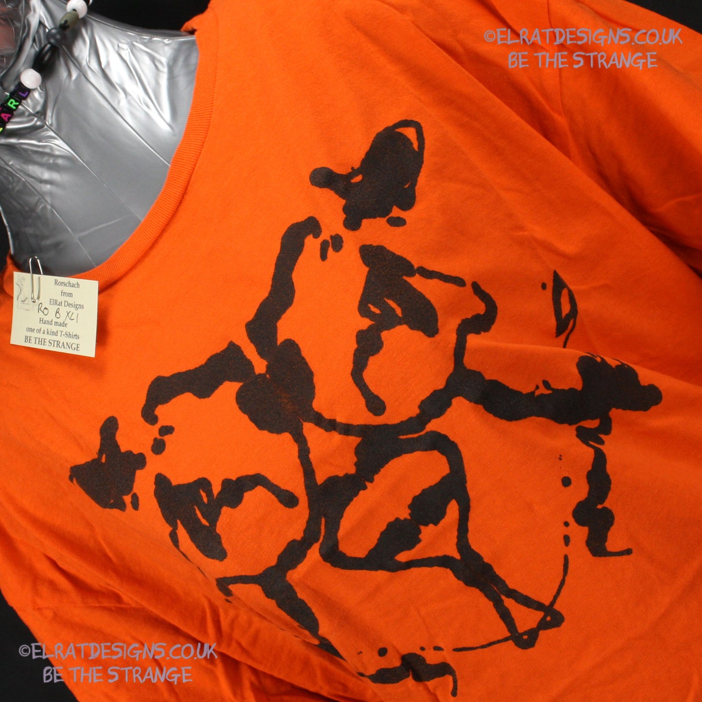 Rorschach, Orange cotton T-Shirt with Black ink blot - XLarge #1 (RO B XL1) - ElRat Designs - elratdesigns.co.uk
