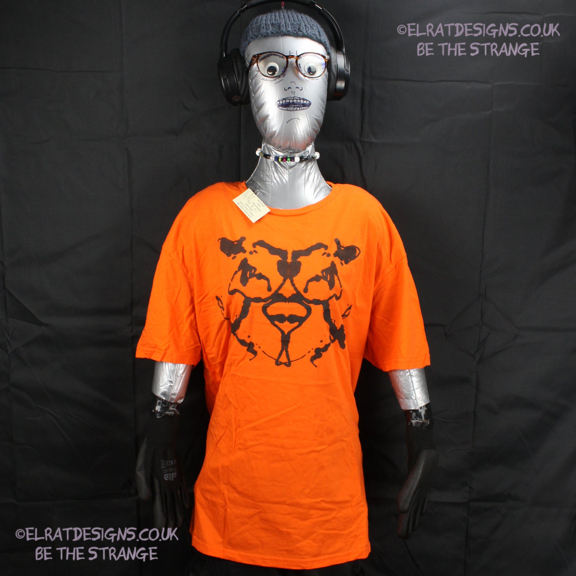 Rorschach, Orange cotton T-Shirt with Black ink blot - XLarge #1 (RO B XL1) - ElRat Designs - elratdesigns.co.uk