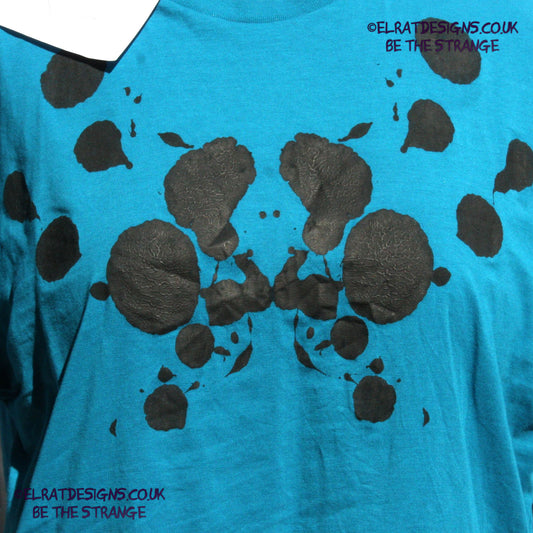 Rorschach, Ocean Blue cotton T-Shirt with Black ink blot - X Large #1 (ROcnB B XL1) - ElRat Designs - elratdesigns.co.uk