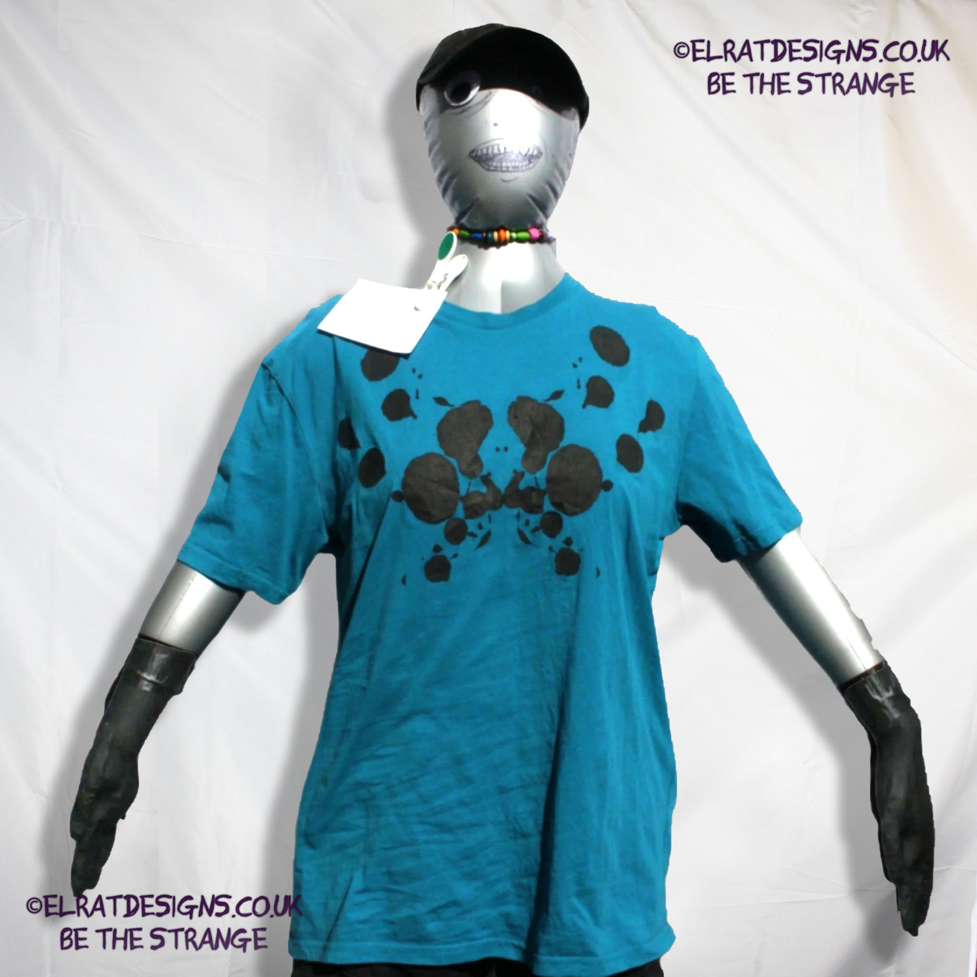 Rorschach, Ocean Blue cotton T-Shirt with Black ink blot - X Large #1 (ROcnB B XL1) - ElRat Designs - elratdesigns.co.uk