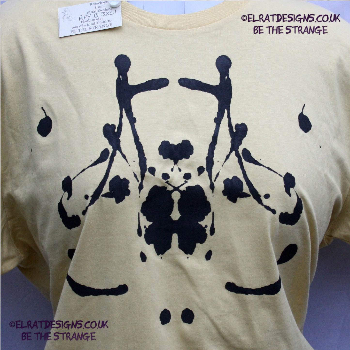 Rorschach, Pale Yellow cotton T-Shirt with Black ink blot - 3XLarge #1 (RPY B 3XL1) - ElRat Designs - elratdesigns.co.uk