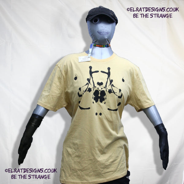 Rorschach, Pale Yellow cotton T-Shirt with Black ink blot - 3XLarge #1 (RPY B 3XL1) - ElRat Designs - elratdesigns.co.uk