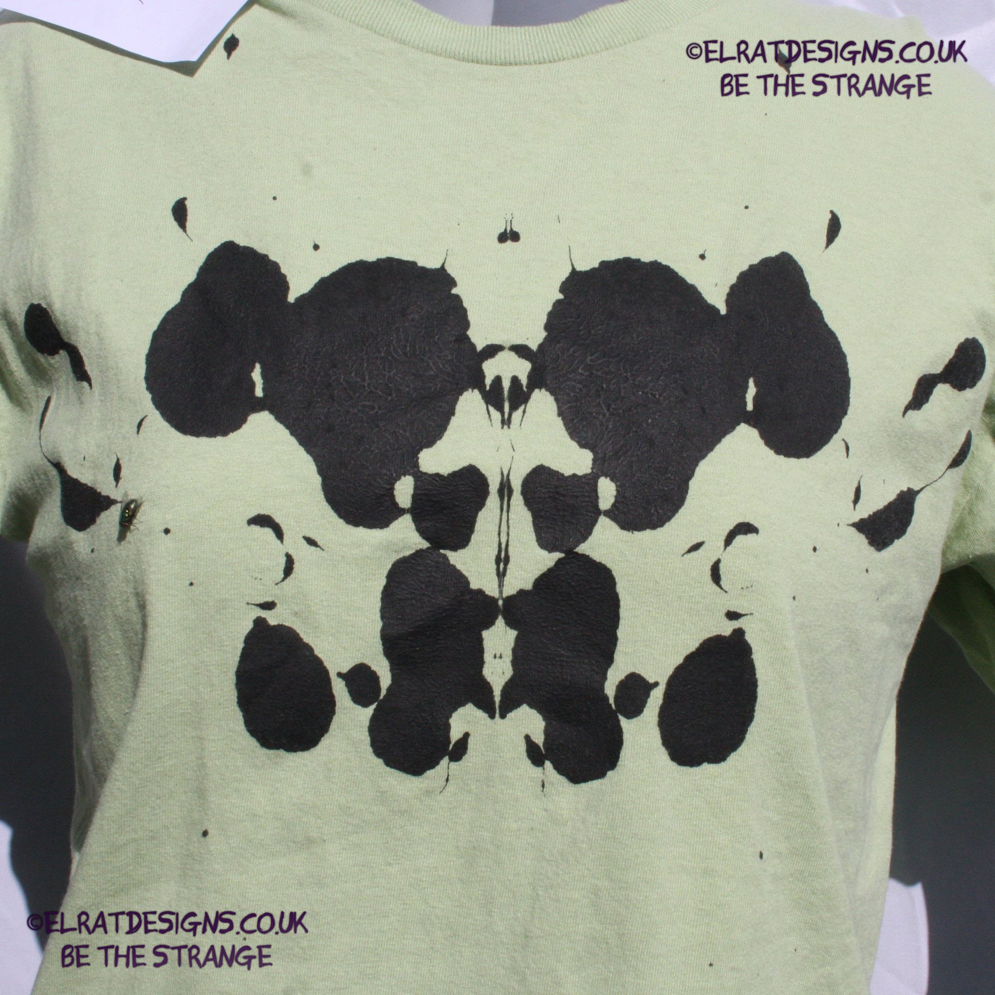 Rorschach, Pistachio cotton T-Shirt with Black ink blot - Large #1 (RPis B L1) - ElRat Designs - elratdesigns.co.uk