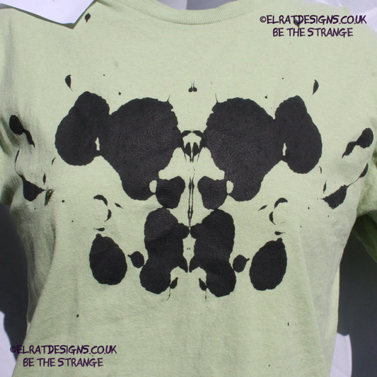 Rorschach, Pistachio cotton T-Shirt with Black ink blot - Large #1 (RPis B L1) - ElRat Designs - elratdesigns.co.uk
