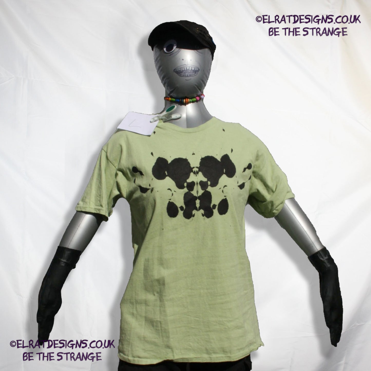 Rorschach, Pistachio cotton T-Shirt with Black ink blot - Large #1 (RPis B L1) - ElRat Designs - elratdesigns.co.uk