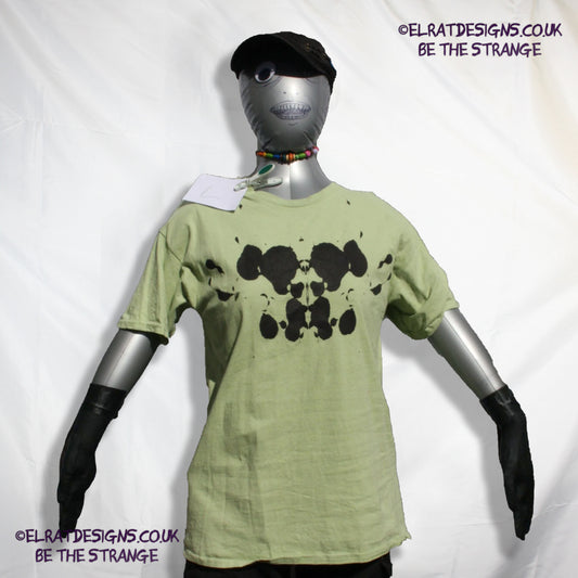 Rorschach, Pistachio cotton T-Shirt with Black ink blot - Large #1 (RPis B L1) - ElRat Designs - elratdesigns.co.uk