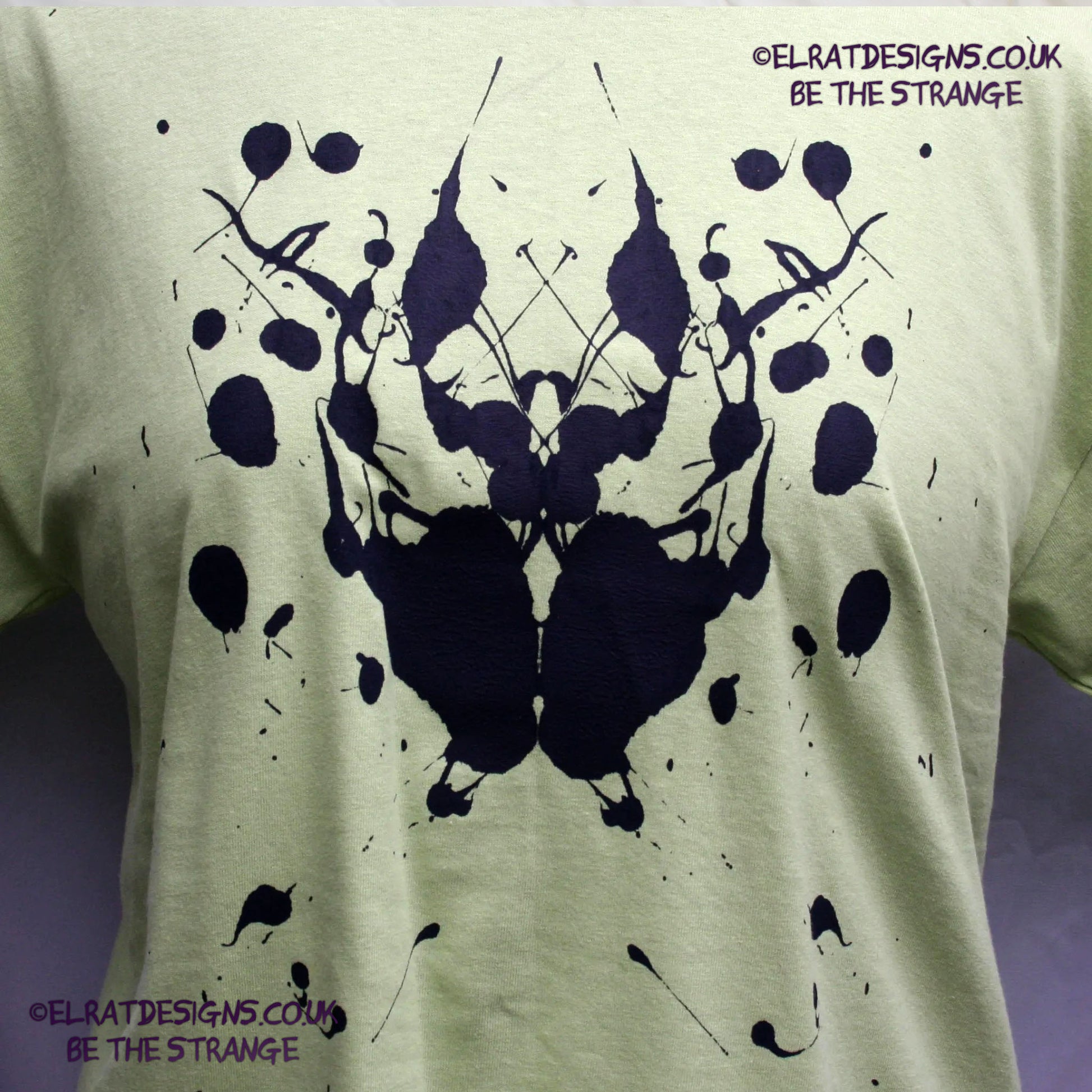 Rorschach, Pistachio cotton T-Shirt with Black ink blot - Large #2 (RPis B L2) - ElRat Designs - elratdesigns.co.uk
