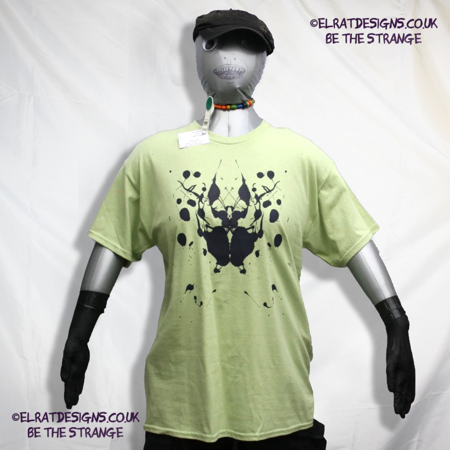 Rorschach, Pistachio cotton T-Shirt with Black ink blot - Large #2 (RPis B L2) - ElRat Designs - elratdesigns.co.uk