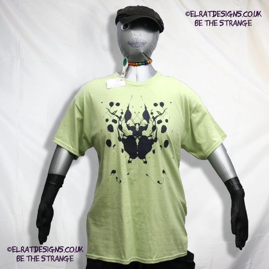 Rorschach, Pistachio cotton T-Shirt with Black ink blot - Large #2 (RPis B L2) - ElRat Designs - elratdesigns.co.uk