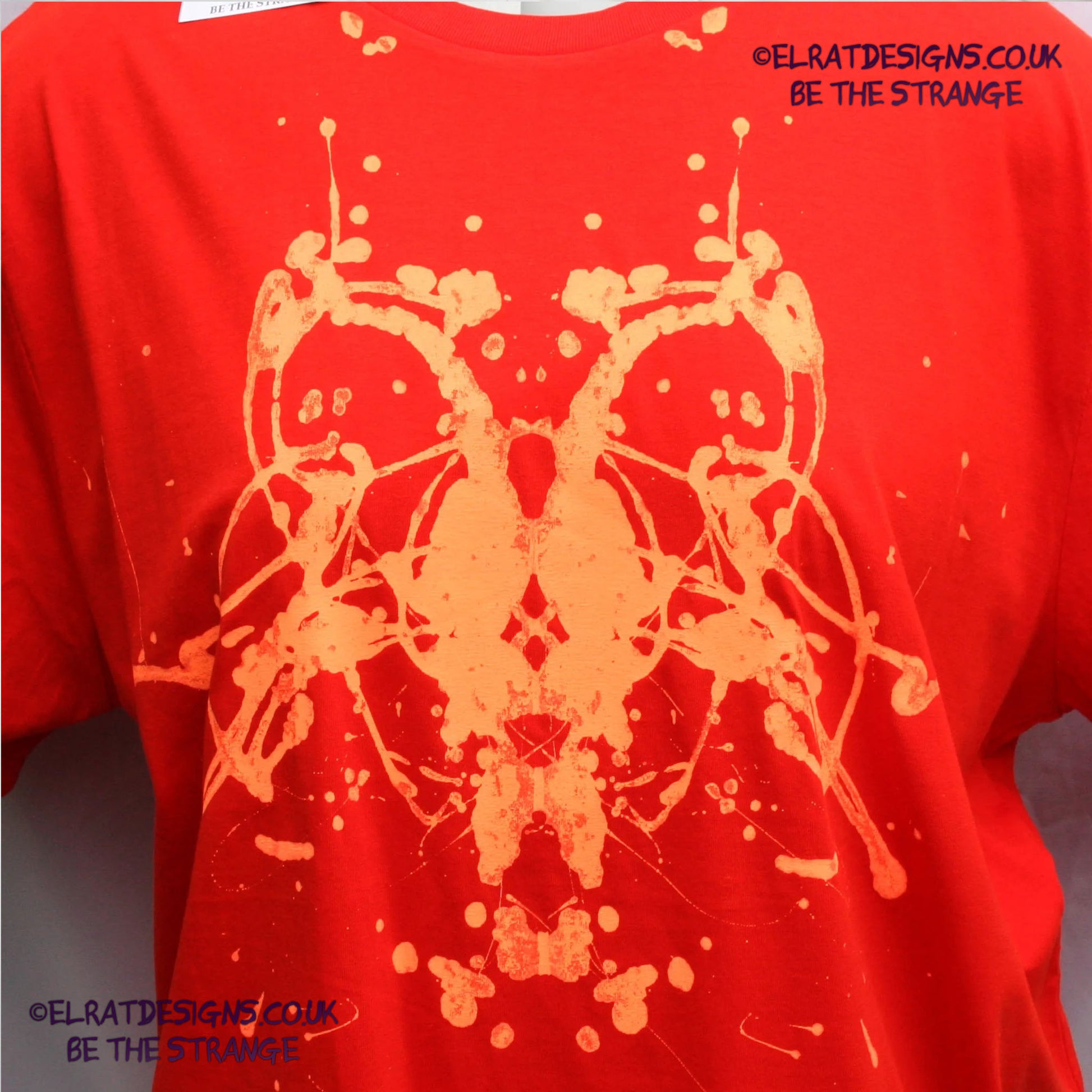 Rorschach, Red cotton T-Shirt with Fluorescent Orange ink blot - 3XLarge #1 (RR FlO 3XL1) - ElRat Designs - elratdesigns.co.uk