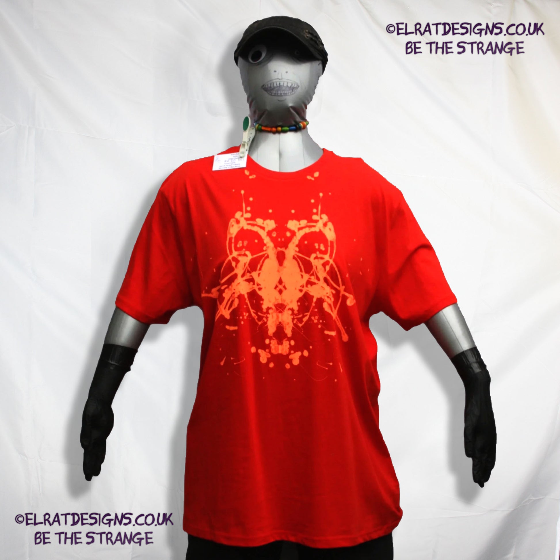 Rorschach, Red cotton T-Shirt with Fluorescent Orange ink blot - 3XLarge #1 (RR FlO 3XL1) - ElRat Designs - elratdesigns.co.uk