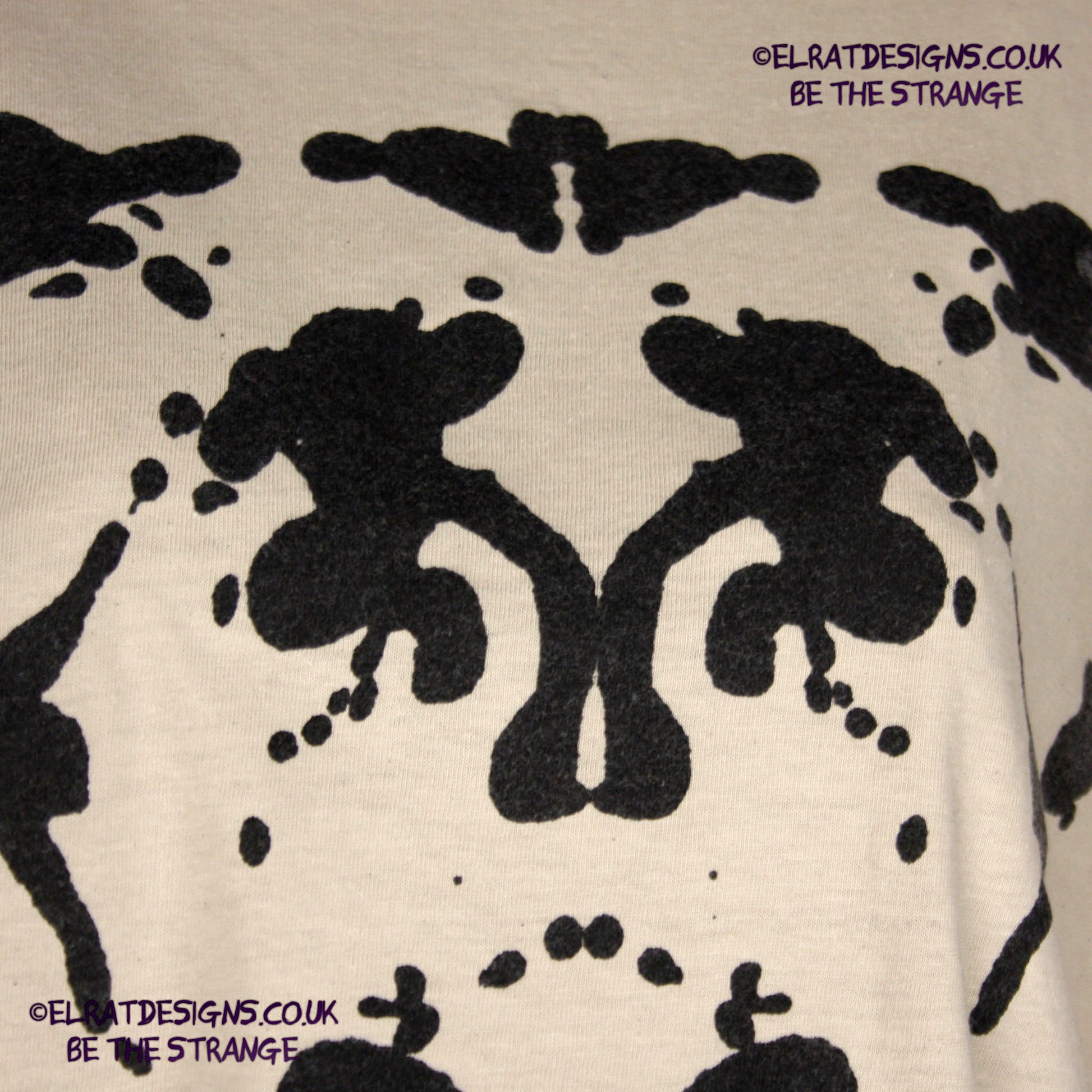 Rorschach, Sand cotton T-Shirt with Black ink blot - Large #1 (RS B L1) - ElRat Designs - elratdesigns.co.uk