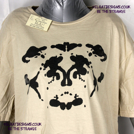 Rorschach, Sand cotton T-Shirt with Black ink blot - Large #1 (RS B L1) - ElRat Designs - elratdesigns.co.uk