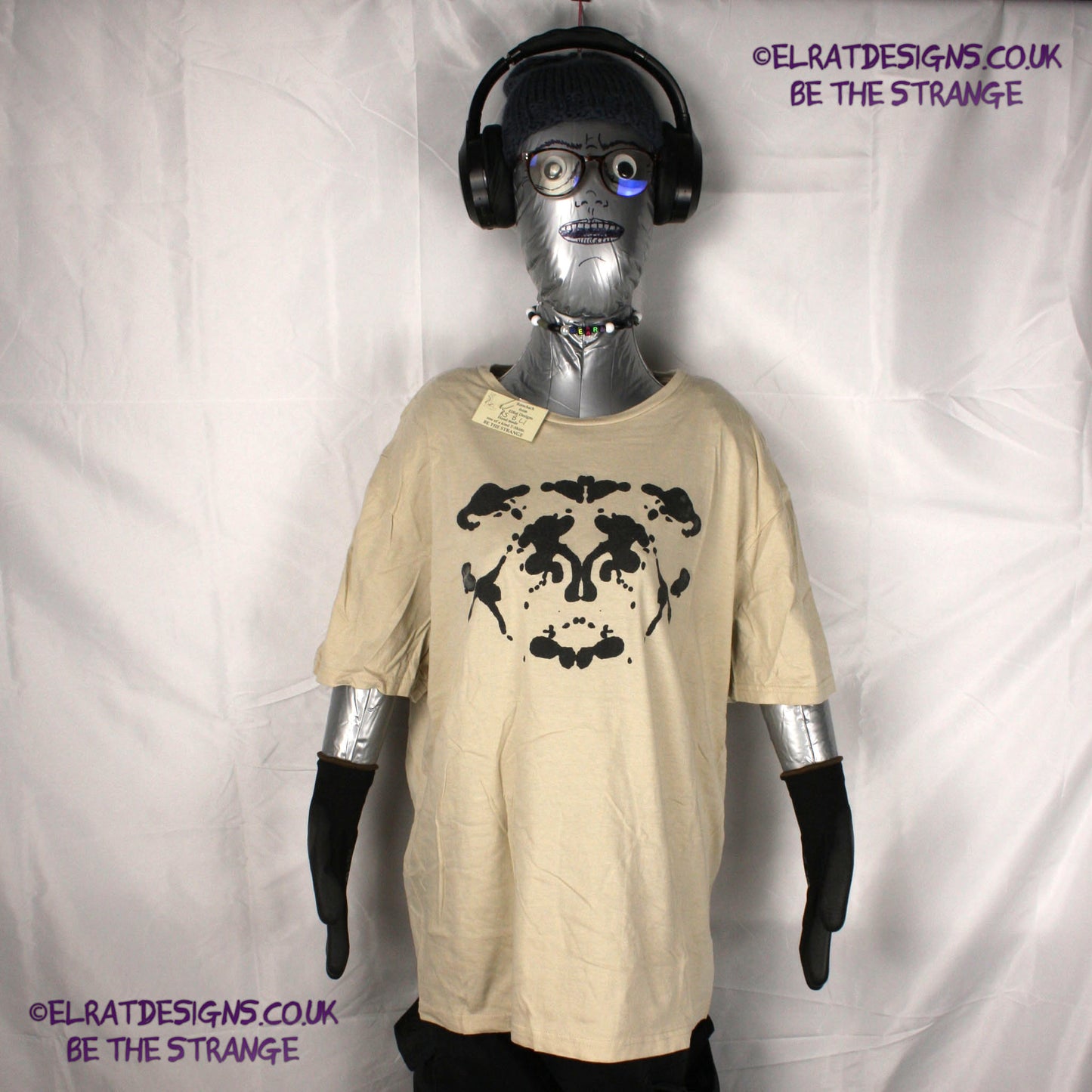 Rorschach, Sand cotton T-Shirt with Black ink blot - Large #1 (RS B L1) - ElRat Designs - elratdesigns.co.uk