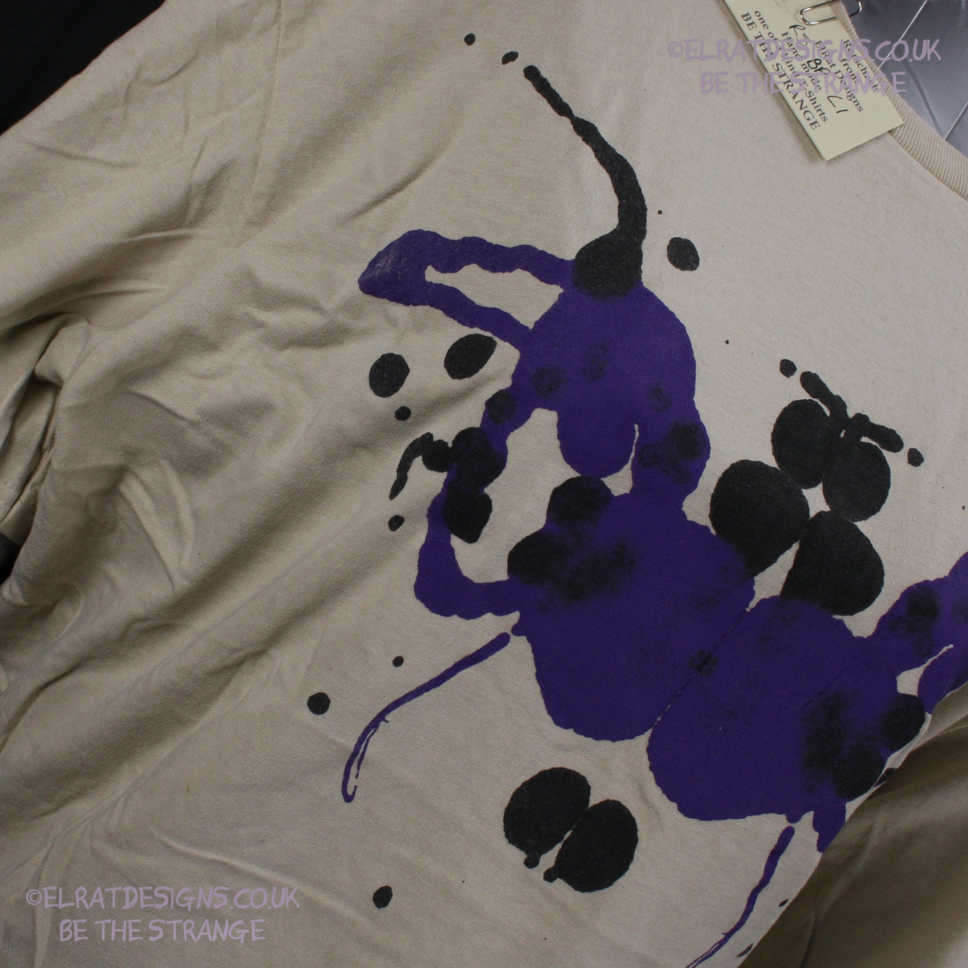 Rorschach, Sand cotton T-Shirt with Black and Purple ink blot - Large #1 (RS BP L1) - ElRat Designs - elratdesigns.co.uk