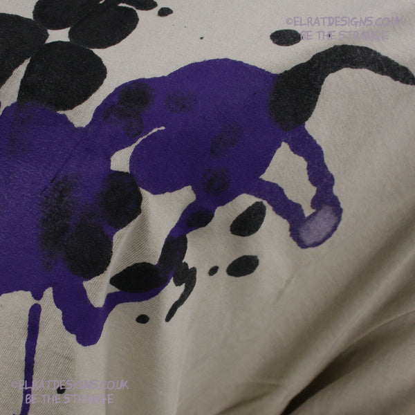 Rorschach, Sand cotton T-Shirt with Black and Purple ink blot - Large #1 (RS BP L1) - ElRat Designs - elratdesigns.co.uk