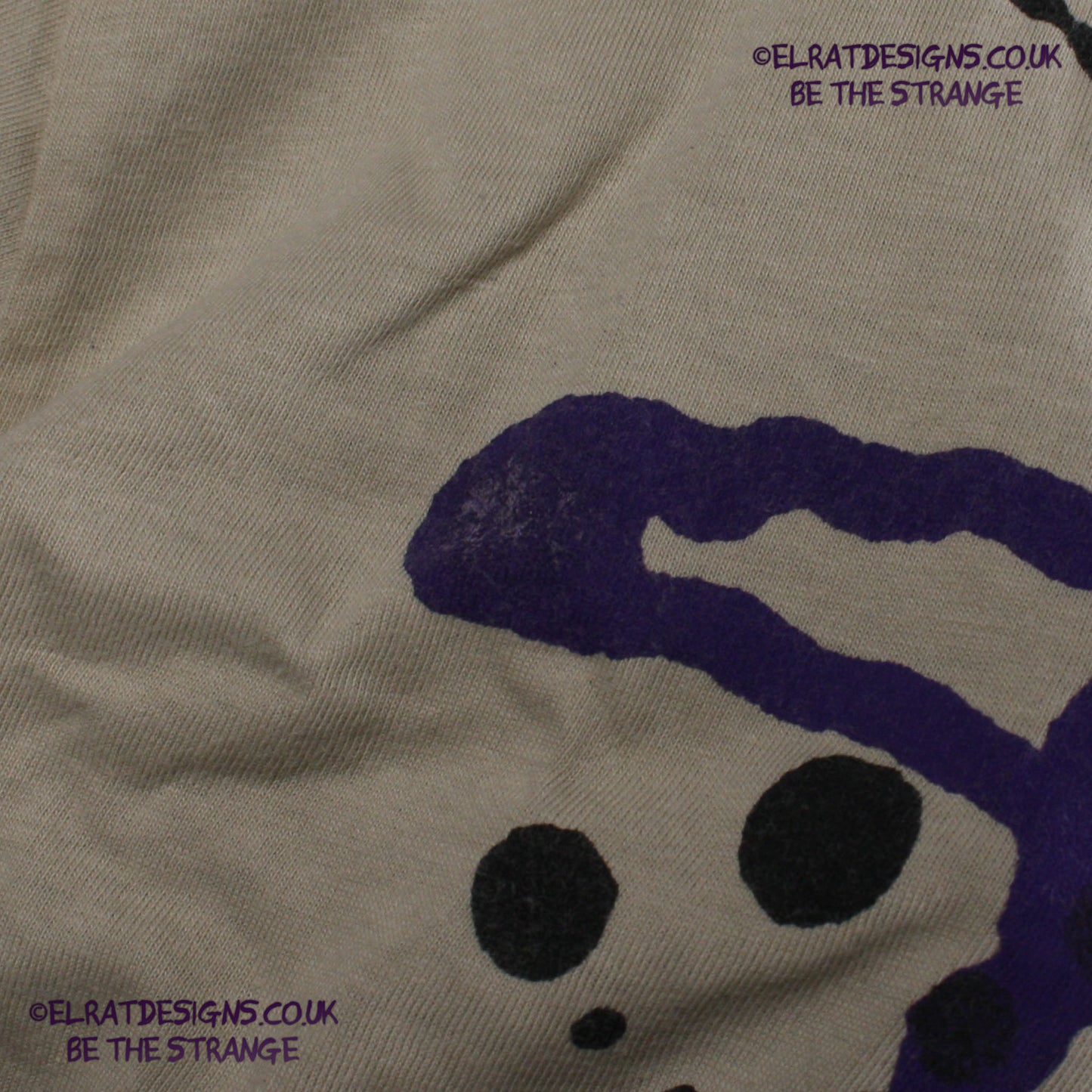 Rorschach, Sand cotton T-Shirt with Black and Purple ink blot - Large #1 (RS BP L1) - ElRat Designs - elratdesigns.co.uk