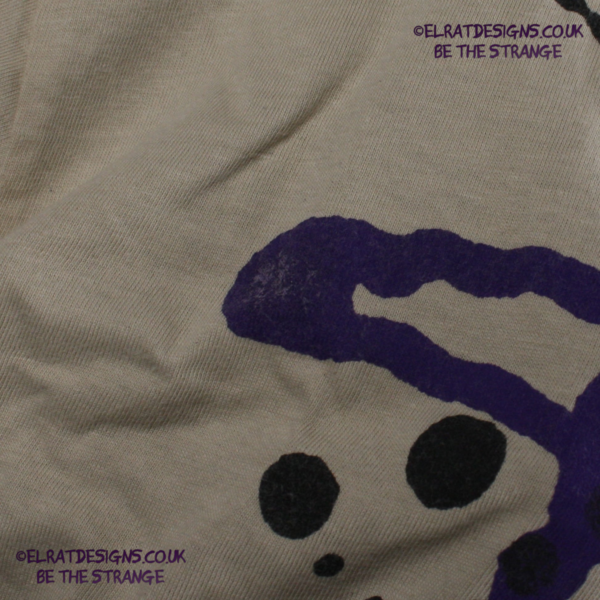 Rorschach, Sand cotton T-Shirt with Black and Purple ink blot - Large #1 (RS BP L1) - ElRat Designs - elratdesigns.co.uk