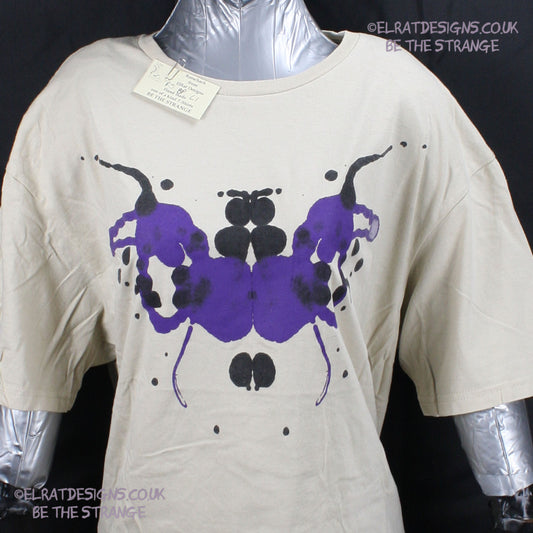 Rorschach, Sand cotton T-Shirt with Black and Purple ink blot - Large #1 (RS BP L1) - ElRat Designs - elratdesigns.co.uk