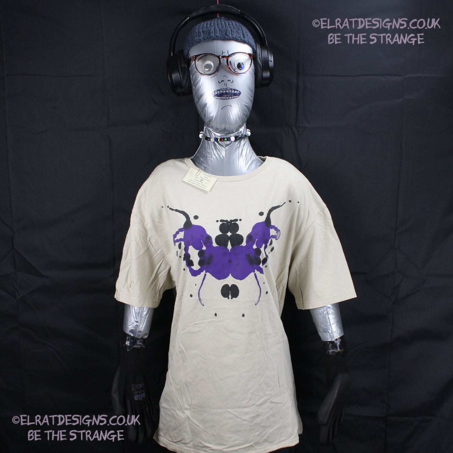 Rorschach, Sand cotton T-Shirt with Black and Purple ink blot - Large #1 (RS BP L1) - ElRat Designs - elratdesigns.co.uk