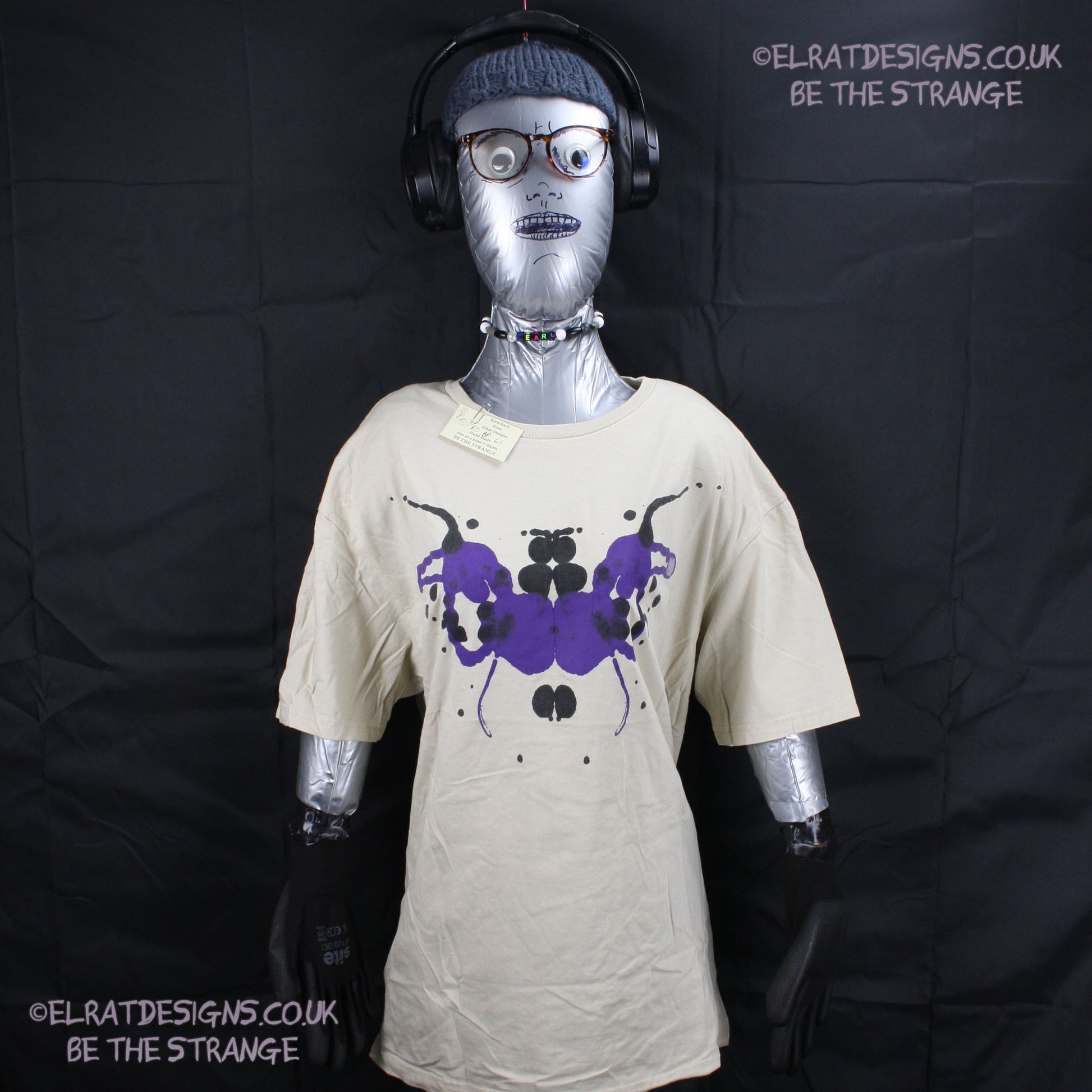 Rorschach, Sand cotton T-Shirt with Black and Purple ink blot - Large #1 (RS BP L1) - ElRat Designs - elratdesigns.co.uk