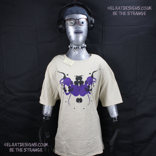 Rorschach, Sand cotton T-Shirt with Black and Purple ink blot - Large #1 (RS BP L1) - ElRat Designs - elratdesigns.co.uk