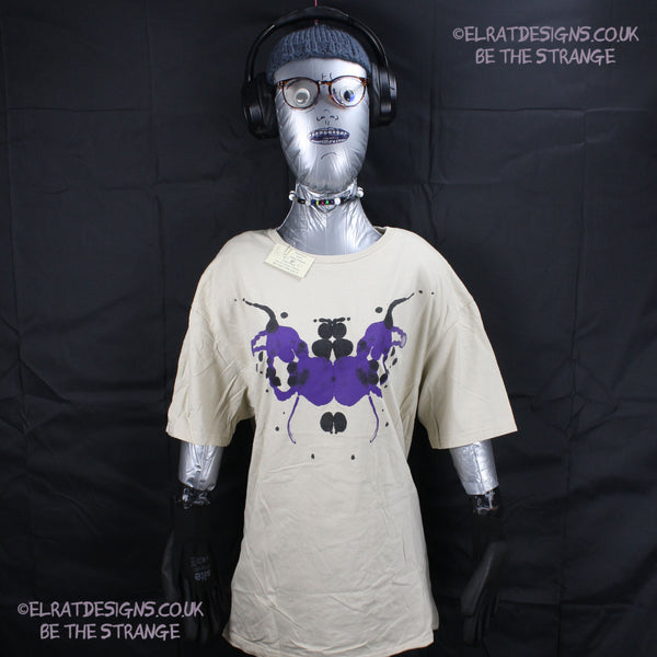 Rorschach, Sand cotton T-Shirt with Black and Purple ink blot - Large #1 (RS BP L1) - ElRat Designs - elratdesigns.co.uk