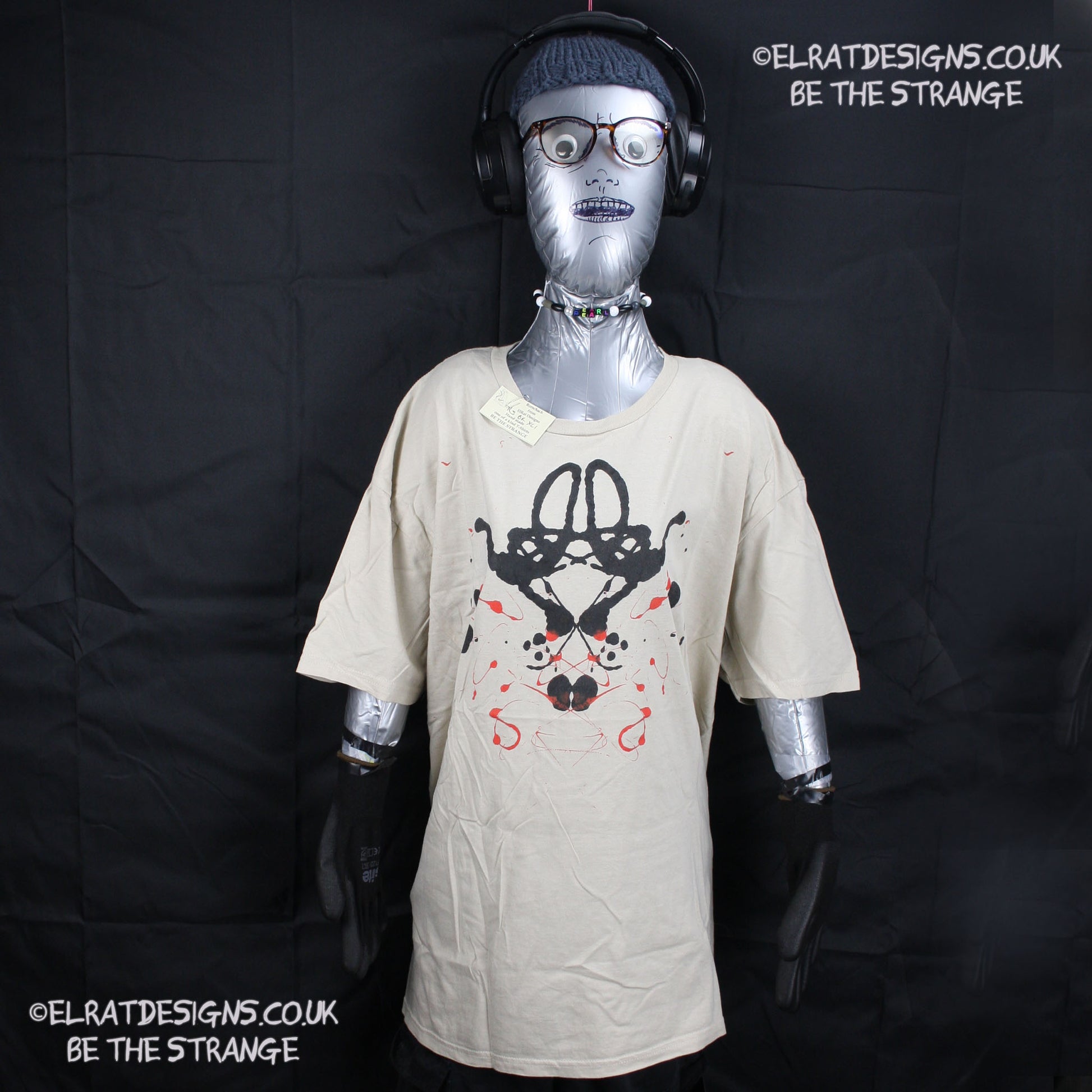 Rorschach, Sand cotton T-Shirt with Black and Red ink blot - XLarge #1 (RS BR XL1) - ElRat Designs - elratdesigns.co.uk