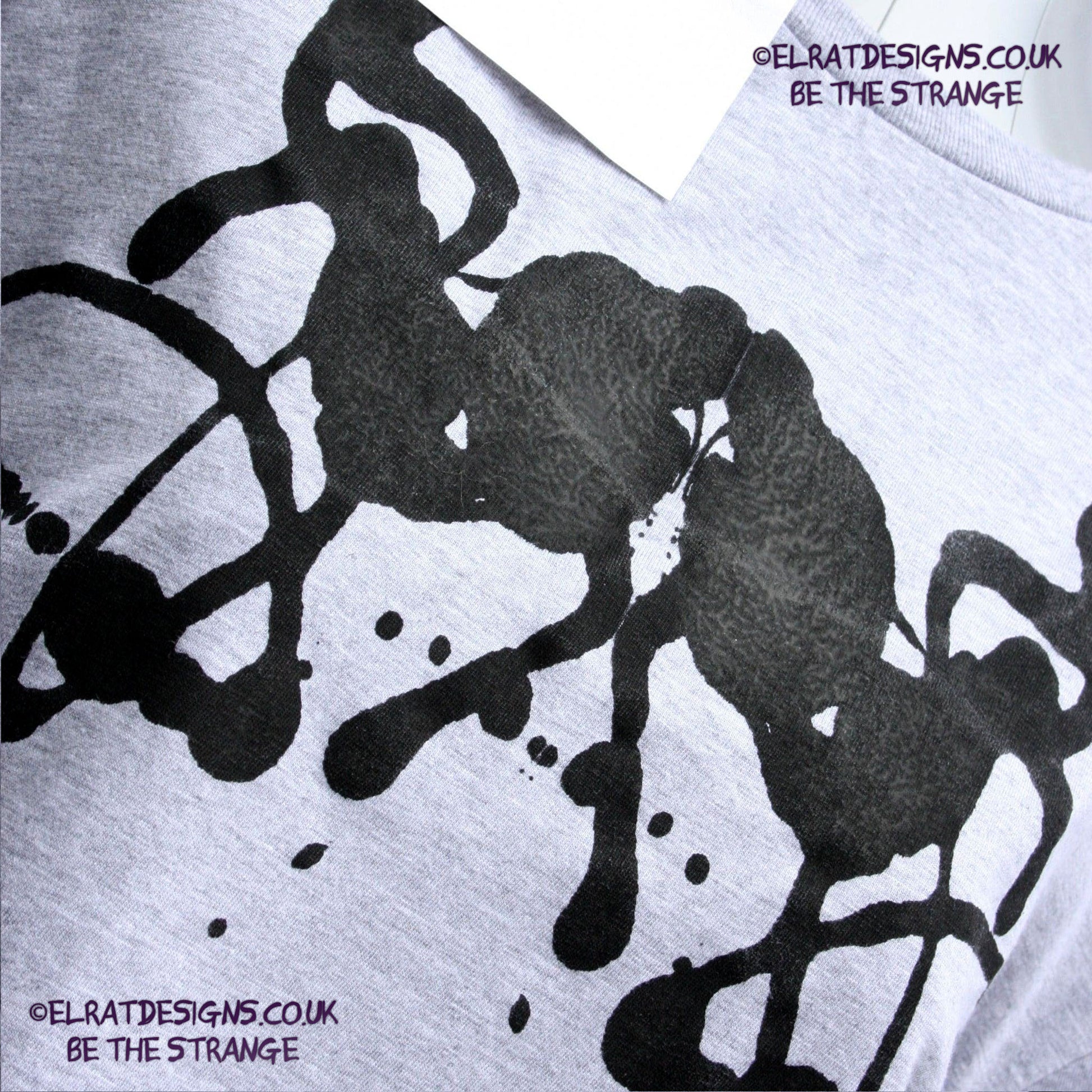 Rorschach, Sports Grey 90% cotton 10% poly T-Shirt with Black ink blot - Large #1 (RSG B L1) - ElRat Designs - elratdesigns.co.uk