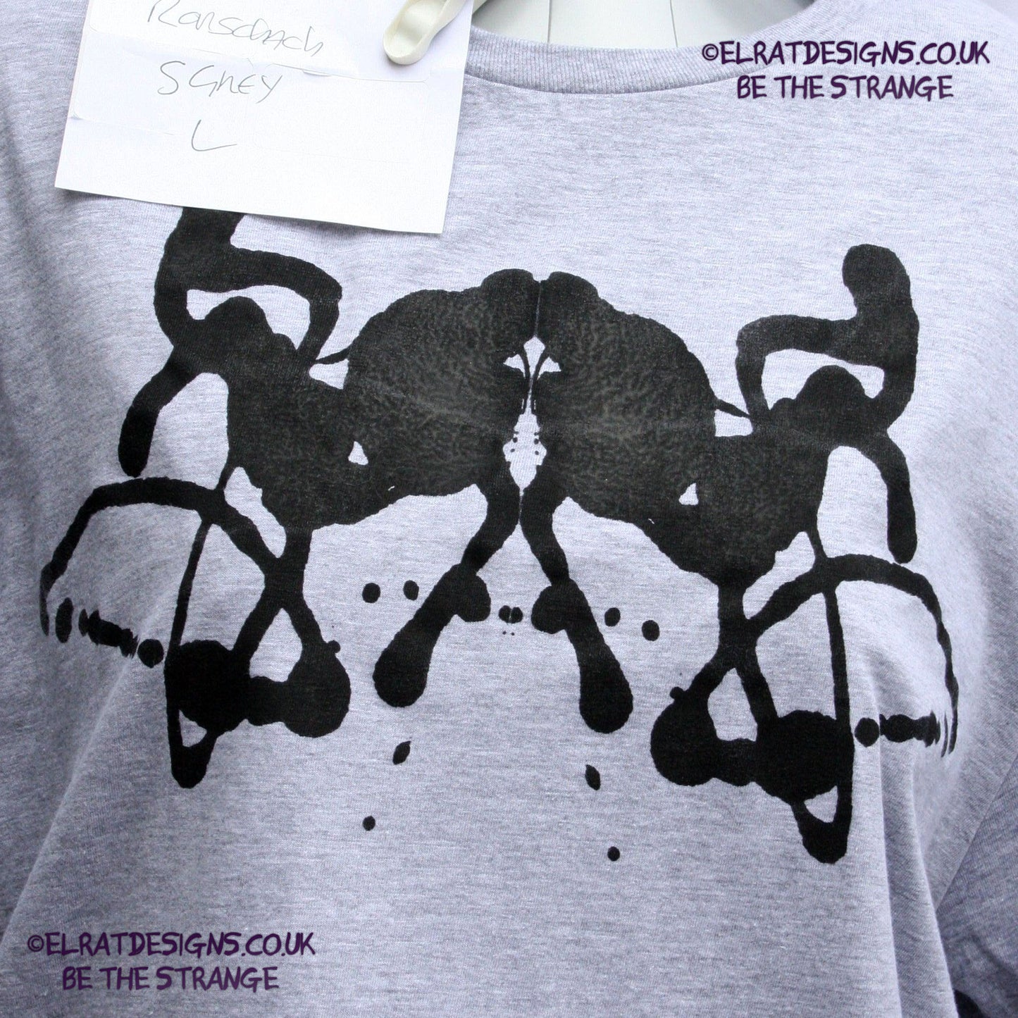 Rorschach, Sports Grey 90% cotton 10% poly T-Shirt with Black ink blot - Large #1 (RSG B L1) - ElRat Designs - elratdesigns.co.uk