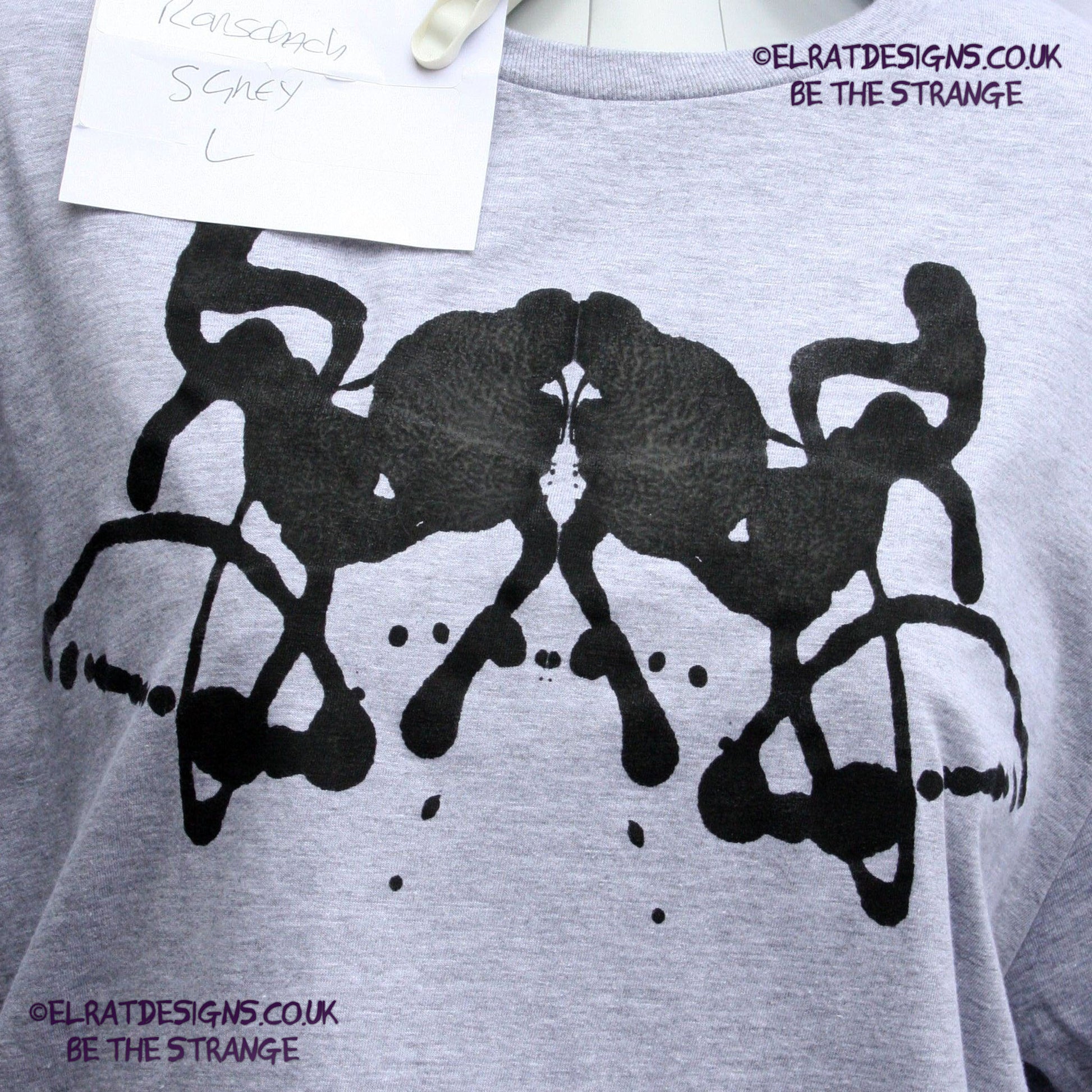 Rorschach, Sports Grey 90% cotton 10% poly T-Shirt with Black ink blot - Large #1 (RSG B L1) - ElRat Designs - elratdesigns.co.uk