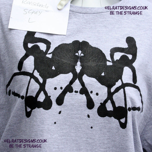 Rorschach, Sports Grey 90% cotton 10% poly T-Shirt with Black ink blot - Large #1 (RSG B L1) - ElRat Designs - elratdesigns.co.uk